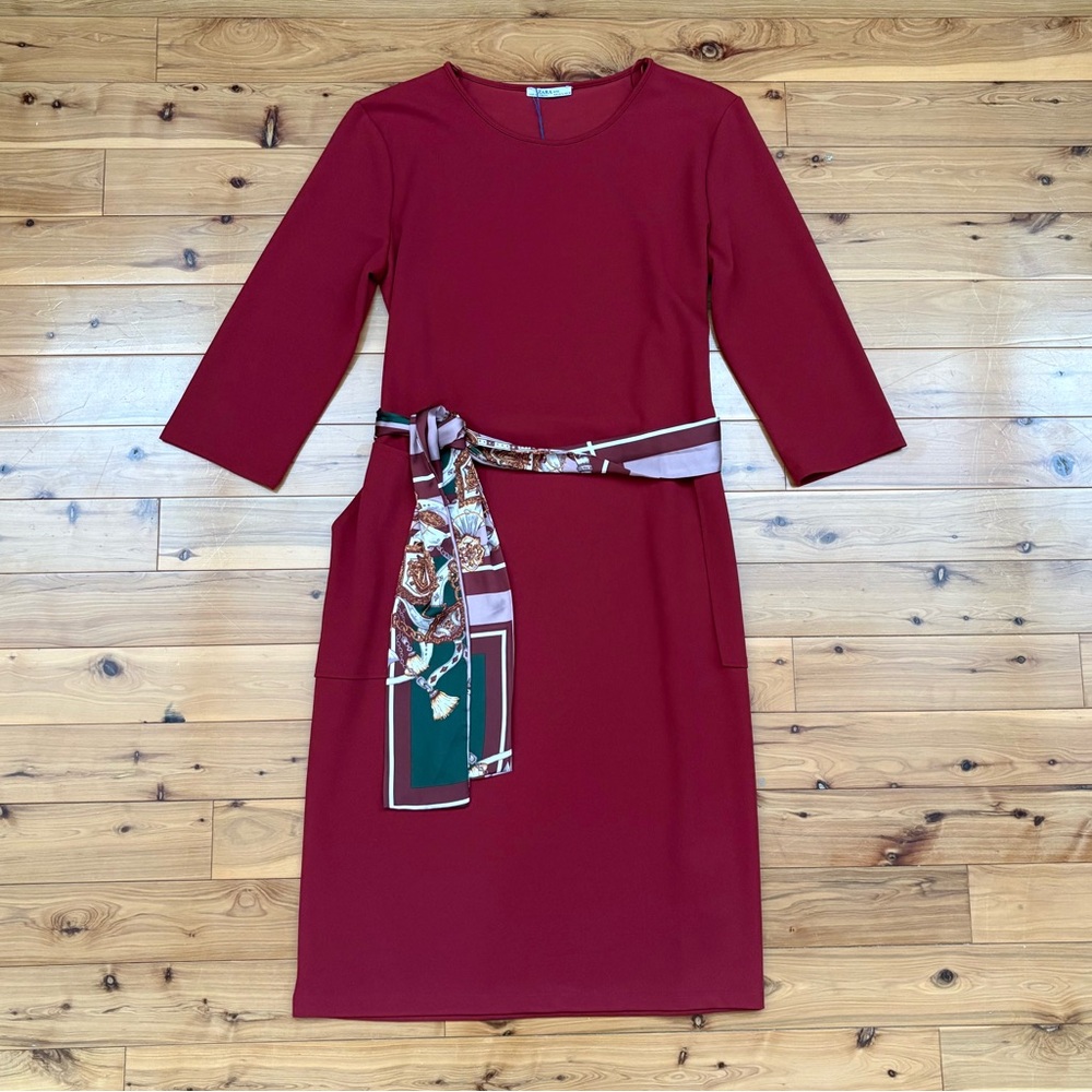 Zara Burgundy Midi Dress Printed Scarf Belt Long Sleeve Pockets Size XL NWT Boho